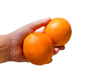 Man hand hold two orange fruit on isolated  white background