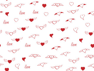 Seamless pattern with heart. Hand drown sketch hearts with wings and love. Happy Valentines day background. Heart and love background. Red love heart on white background. Vector design greeting card
