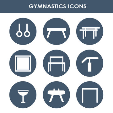 Line icon set with artistic gymnastics equipment
