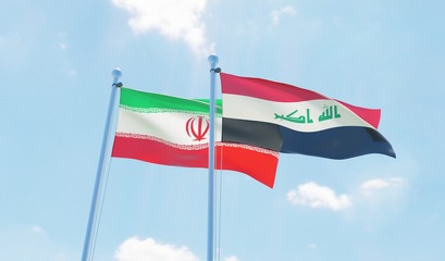 Iran and Iraq, two flags waving against blue sky. 3d image