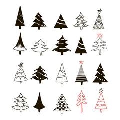 Hand drawn Christmas tree icons set isolated on white background