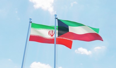 Iran and Kuwait, two flags waving against blue sky. 3d image