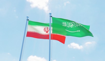 Iran and Saudi Arabia, two flags waving against blue sky. 3d image