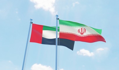 UAE and Iran, two flags waving against blue sky. 3D image