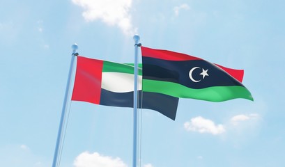 UAE and Libya, two flags waving against blue sky. 3D image
