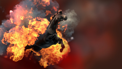 Black running horse on orange fire background