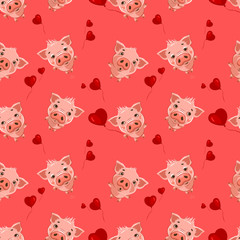 Fototapeta premium Seamless pattern with cute little emoji pigs and a hearts. Vector seamless pattern for Valentine's Day.
