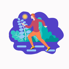 Runner - a sport woman running in the park - flat vector concept illustration. Healthy activity. Banner poster template with place for your text.