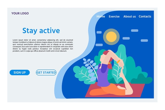 tay healthy landing. Vector illustration with woman in a yoga pose in the parck. Active and healthy lifestyle. Modern flat design concept of web page design for website