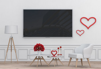 interior living room with smart tv. and rose valentine decorations. 3d render