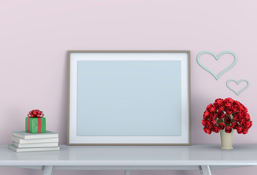 mock up poster frame with red rose and gift valentine on table interior living room. 3D render