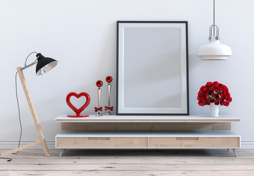mock up poster frame with red rose valentine on sideboard interior living room. 3D render