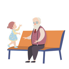 Grandfather and granddaughter cartoon characters on white background.