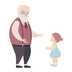 Fototapeta na wymiar Grandfather and granddaughter cartoon characters on white background.