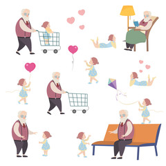 Grandfather and granddaughter cartoon characters set on white background.