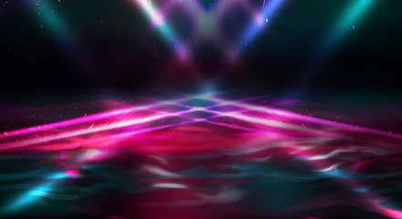 Background wall with neon lines and rays. Background of an empty dark corridor with neon light. Abstract background with lines and glow.