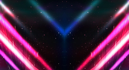 Background wall with neon lines and rays. Background of an empty dark corridor with neon light. Abstract background with lines and glow.