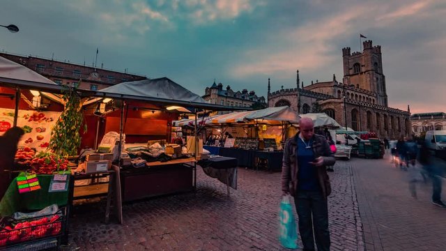 Time lapse view of the market square in Cambridge at sunset