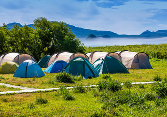 Tourists camped in the woods on the shore of the lake on the hillside.