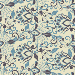 Fototapeta na wymiar Floral vector seamless pattern. Fantastic flower, leaves. Textile bohemian print. Batik painting. Vintage