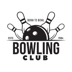 Vector vintage monochrome style bowling logo, icon, symbol. Bowling ball and bowling pins illustration. Trendy design elements.