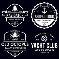 Set of sea and nautical typography badges and design elements. Templates for company logo. Marine cruise, yacht club, trading companym, shipbuilding and other themes.