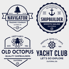 Set of sea and nautical typography badges and design elements. Templates for company logo. Marine cruise, yacht club, trading companym, shipbuilding and other themes.