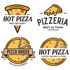 Set of pizza logo, badges, banners, emblems for fast food restaurant. Collection labels for menu design restaurant or pizzeria.