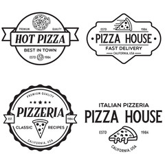 Set of pizza logo, badges, banners, emblems for fast food restaurant. Collection labels for menu design restaurant or pizzeria.