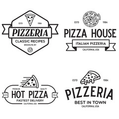 Set of pizza logo, badges, banners, emblems for fast food restaurant. Collection labels for menu design restaurant or pizzeria.