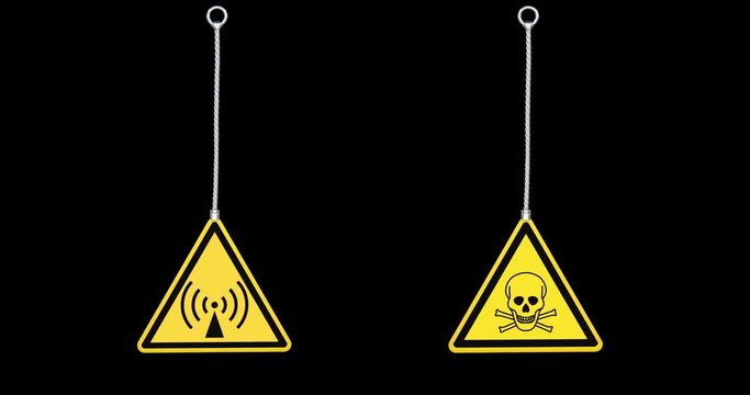 danger sign.Sign skull,non-ionizing radiation sign,warning sign.3d animation with alpha matte channel. 4k hanging, swinging metal sign, symbol.