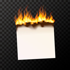 Burning blank piece of paper bright with fire flames