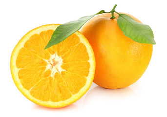 Fresh oranges (Citrus) with leaves isolated on white background, including clipping path without...