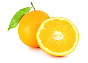 Fresh oranges (Citrus) with leaf isolated on white background, including clipping path without shade. Germany