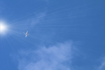 airplane in the sky,flying, blue, fly, blue, fly, clouds,sun, aviation,transport,white,  