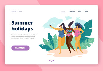 Happy body positive girls doing selfie. Attractive plus size women enjoy life on a beach. Vector illustration for landing page, site or banner.