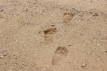 Texture background Footprints of human feet on the sand beach