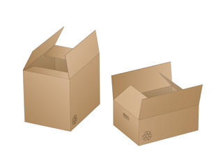 Two beautiful realistic brown carton paper boxes vector with outlines on white background.