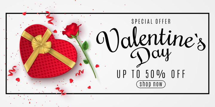 Valentine's Day greeting web banner for sale. Top view. Romantic composition with gift box of heart and rose flower. Special offer. Big discounts. Scattered confetti. Vector illustration