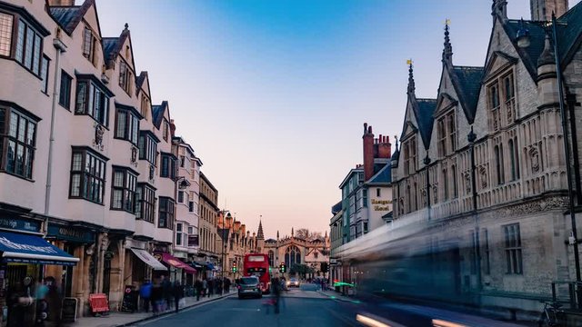Time lapse view of Oxford high street towards Magdalen College before sunset