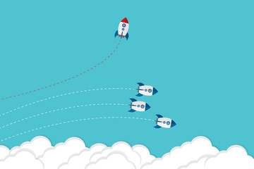 Think differently concept. Be different. Red rocket changing direction. New idea, change, trend, courage, creative solution, innovation and unique way concept.