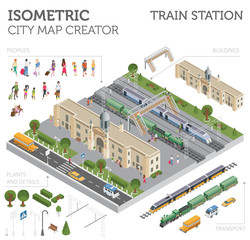 3d isometric Train station and city map constructor elements isolated on white. Build your own railway infographic collection