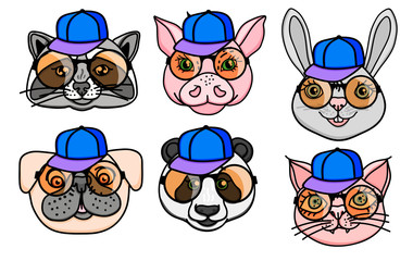 Vector Set character Animal head dog, raccoon, pig, panda, cat in a cap and fun round glasses. Hand drawn isolated on white
