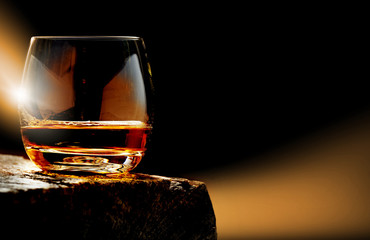 Whisky, whisky glass on the wooden table - 241851912