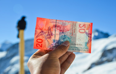 Hand holding a 20 Swiss franc banknote