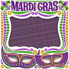 Vector frame for Mardi Gras with copy space, white layout with illustration of carnival masks, traditional symbol of mardi gras - fleur de lis, colorful bead, lettering for words mardi gras on purple. © mihmihmal