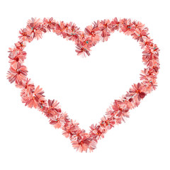 Heart oulined with flowers in gentle coral colors. Isolated design element for advertising.