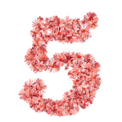 Number five filled with flowers in gentle coral colors. Isolated fine detailed design element for advertising. Floral font