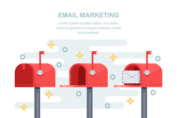 Mail, email marketing strategy business concept. Red letterbox with message in envelope. Vector illustration.