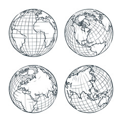 Earth planet vector sketch illustration. Hand drawn doodle globe set